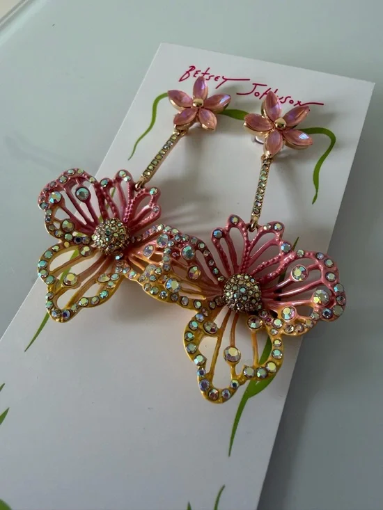 Betsey Johnson Colorful Floral Crystal Drop statement Earrings - Picture 2 of 4